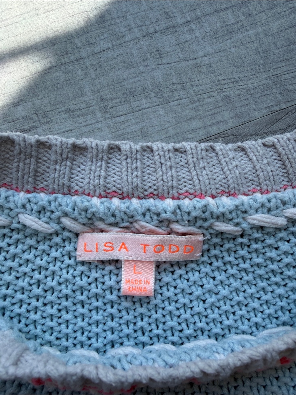 Lisa Todd Light Blue Crewneck Sweater with Pink and Olive Stripes, Size L. - Picture 5 of 15